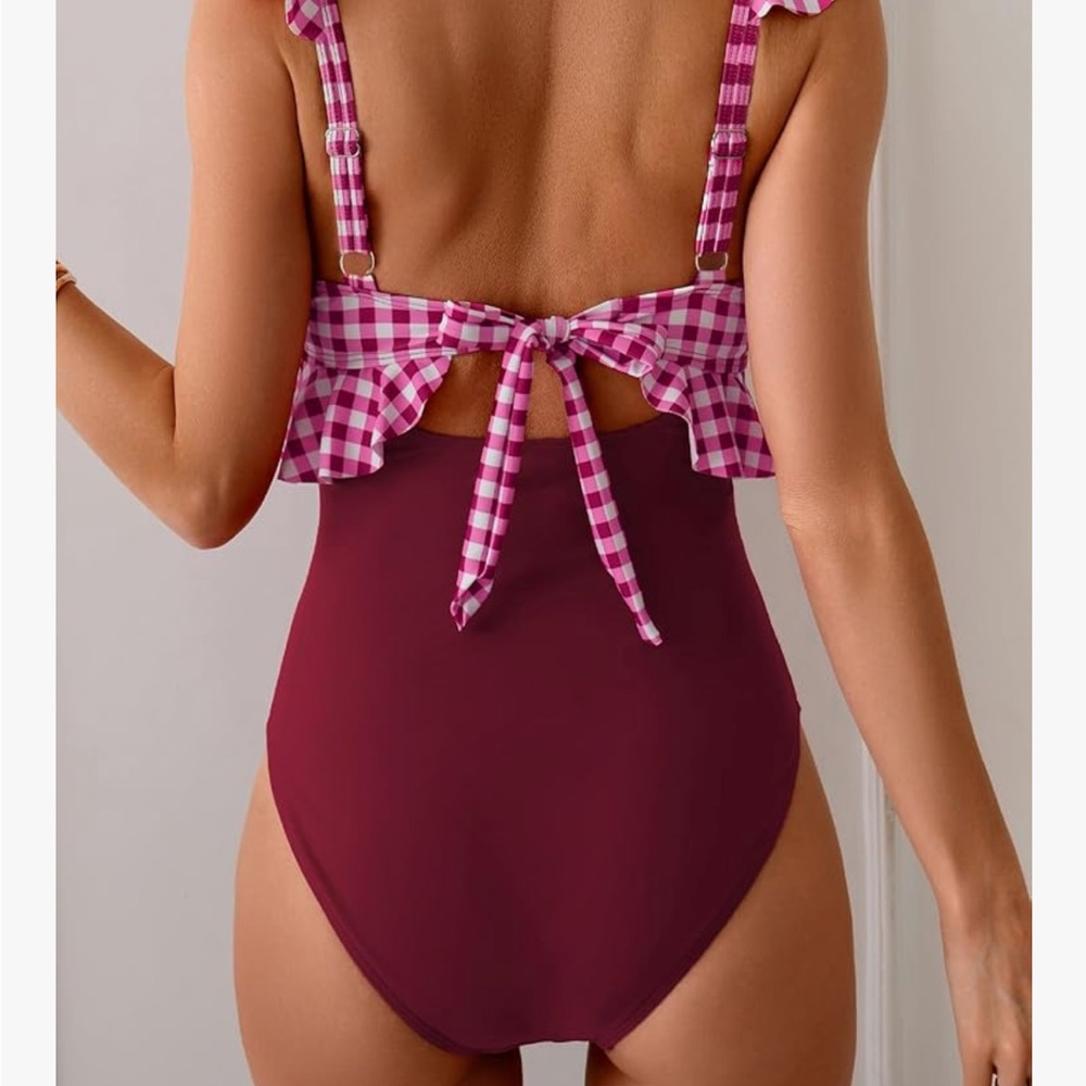Pink Checkered Ruffle Swimsuit - Picture 2 of 2